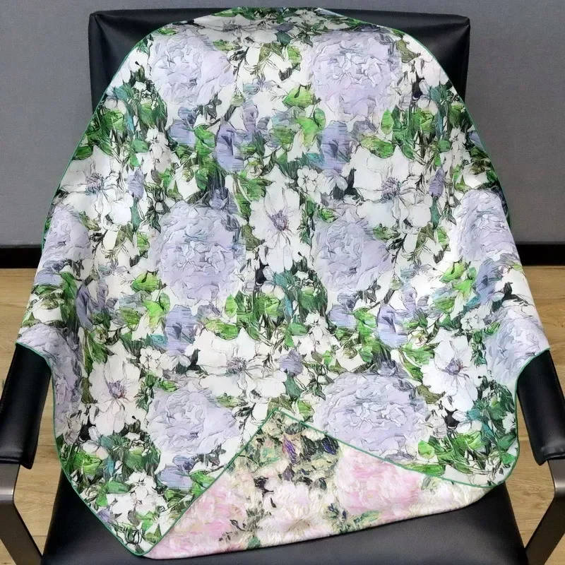 High-end Elegant Women Fine Oil Painting Hydrangea Double-sided Print Quality 18MM Twill Silk Hand-rolled Edge Large Scarf Shawl