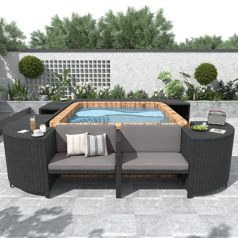 

Grey Outdoor Rattan Sectional Sofa Set with Mini Sofa, Wooden Seats, and Storage – Spa Surround Design
