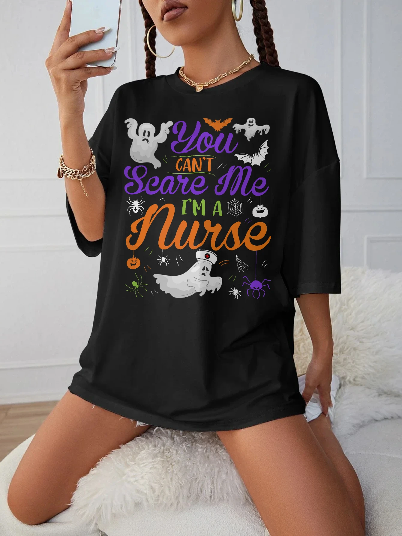 

You Can't Scare me I'm a Nurse Хэллоуин Удобная черная футболка для беременных с круглым вырезом женская свободная посадка для позднего беременности