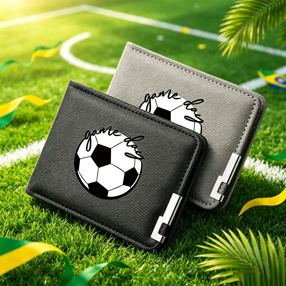 Men's Slim PU Leather Short Wallet Football Print Multi-Card Holder Sports Event Themed Money Bag Ideal Gift for Sports Fans