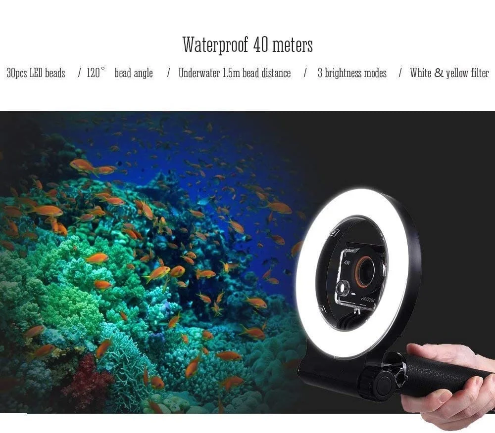 Mcoplus 40m Waterproof Underwater Diving Ring fill light LED Video Light for GoPro Hero 6 5 4 3 7 8 9 10 Yi 4K SJCAM Action Came