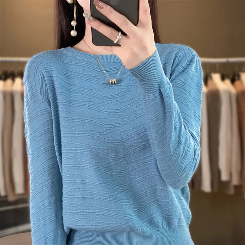 Spring Autumn Round Neck Solid Color Pullover Lantern Long Sleeve Women\'s Clothing Casual Sweater Knitted Screw Thread Tops