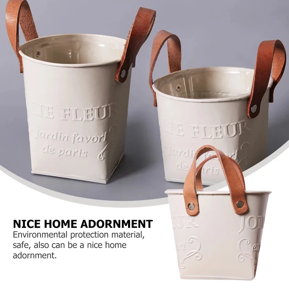 

1Pc Beige Iron Flower Bucket Decor Rustic Household Adornment Chic Vase Planter