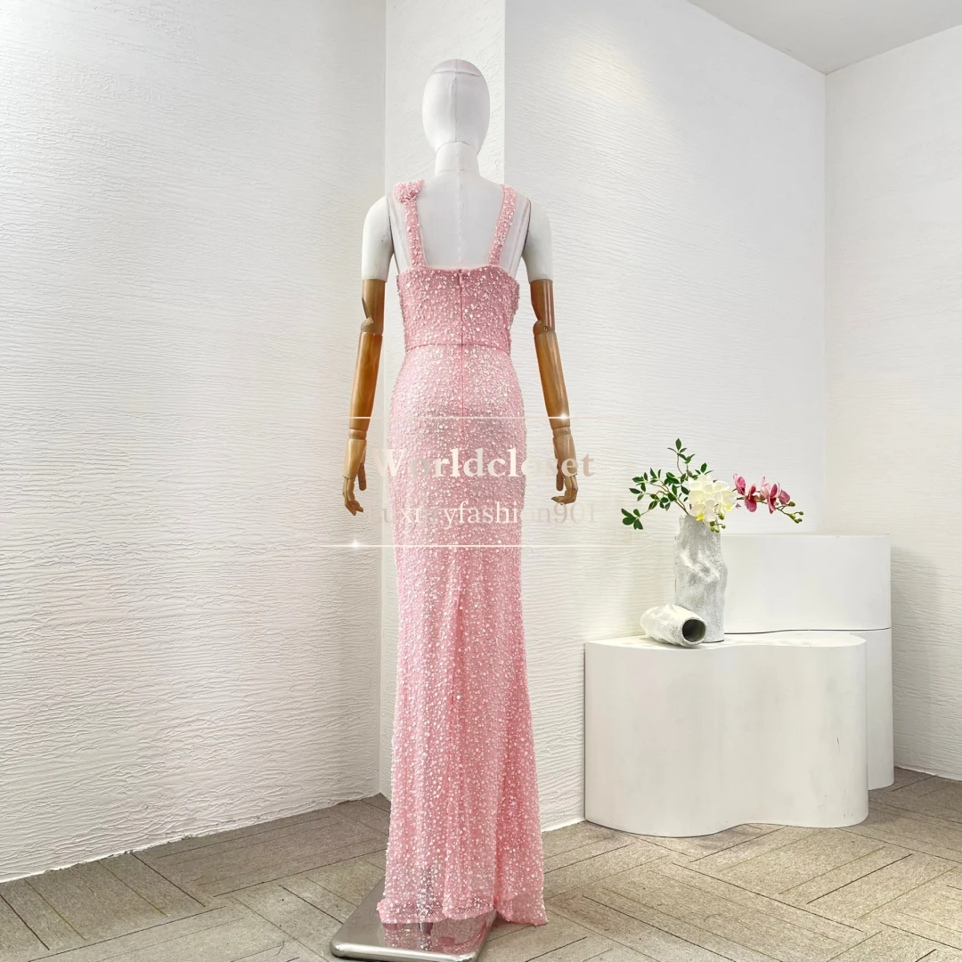 

2025 New Beautiful Pink Sleeveless Tube Pearl Sequin Beading Mermaid Fishtail Maxi Dress