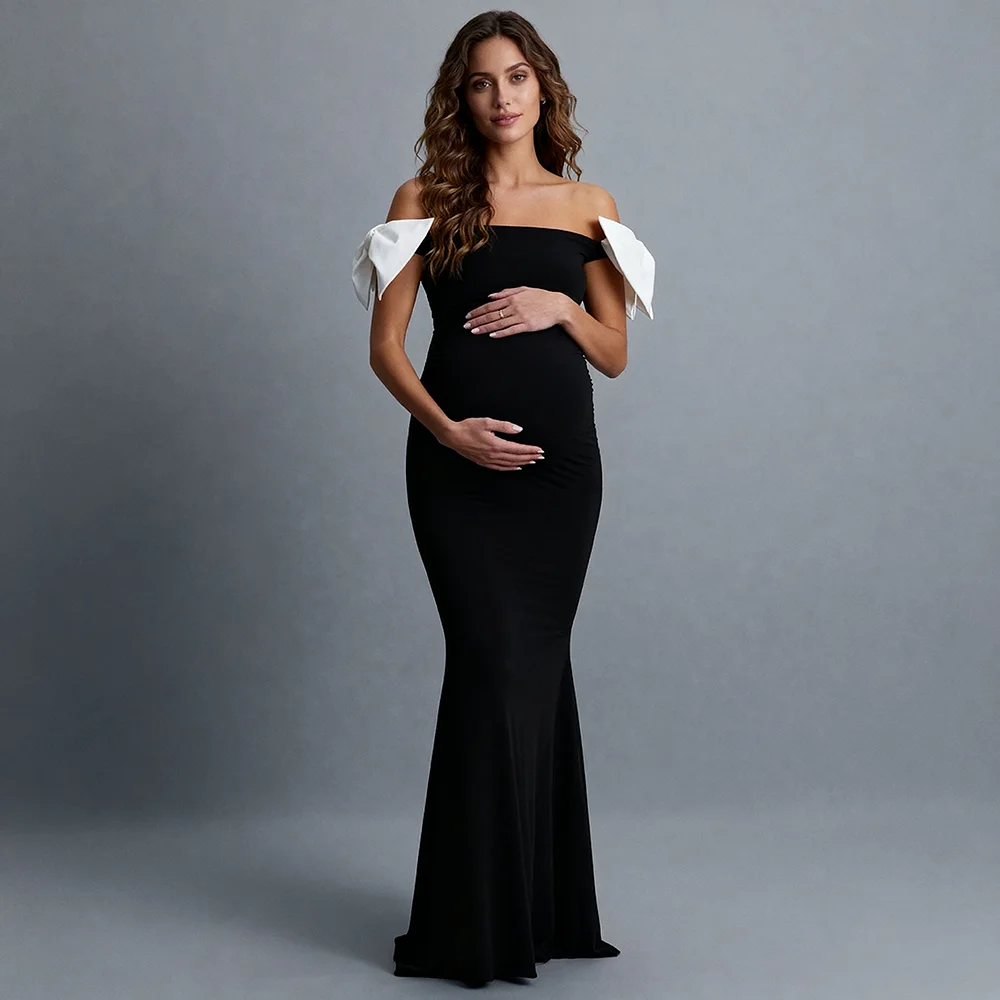 

Elegant Black Maternity Dresses and Skirts Off-the-Shoulder White Bow Mermaid Dress for Pregnant Women Maternity Clothes YW6430D