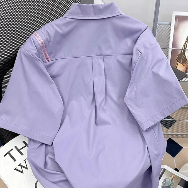 EBAIHUI Summer New Shirt Vintage Purple Women's Short Sleeved Blouse Loose Flip Collar Korean Style Handsome Blusas