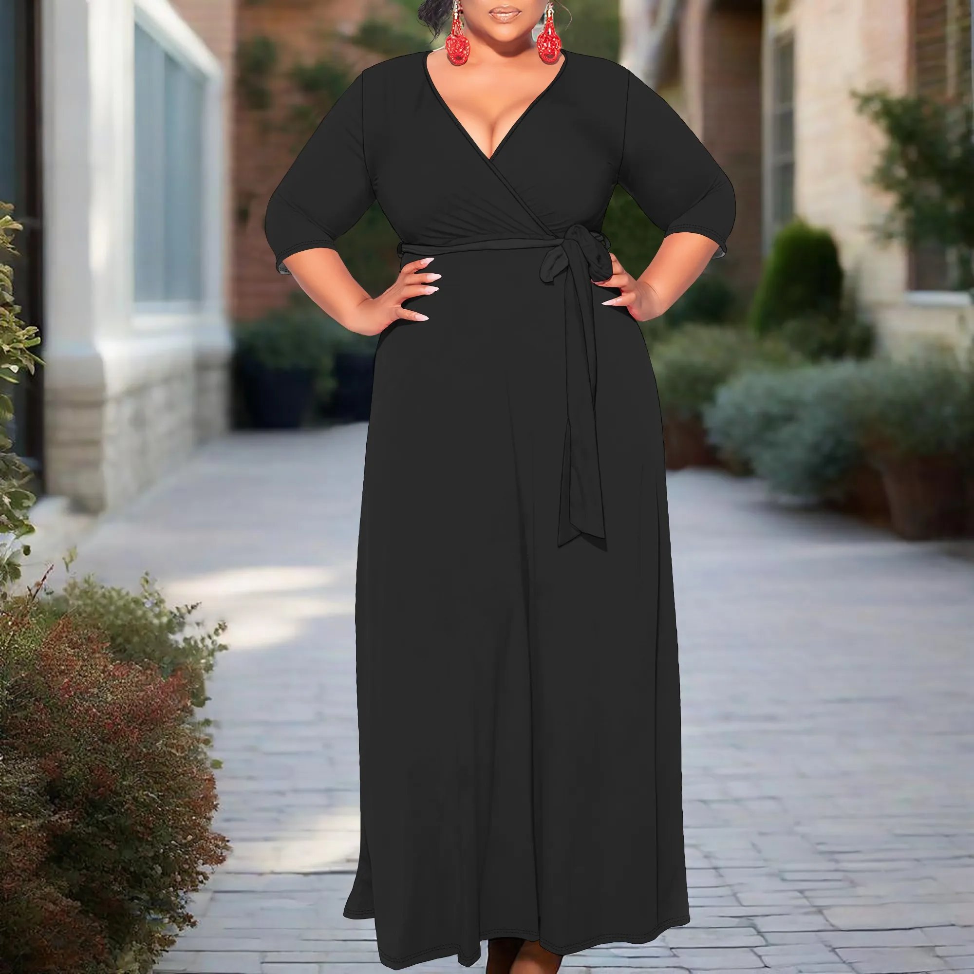 

Plus Size Dress for Women - 3/4 Sleeve V Neck Printing Maxi Dresses for Women