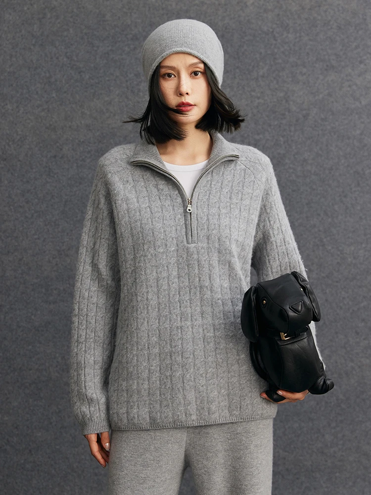 TLOML Neue frauen 100% Kaschmir Pullover Zipper Zopfmuster Pullover Kaschmir Strickwaren Herbst Winter Dicke Weiche Lose Casual Tops