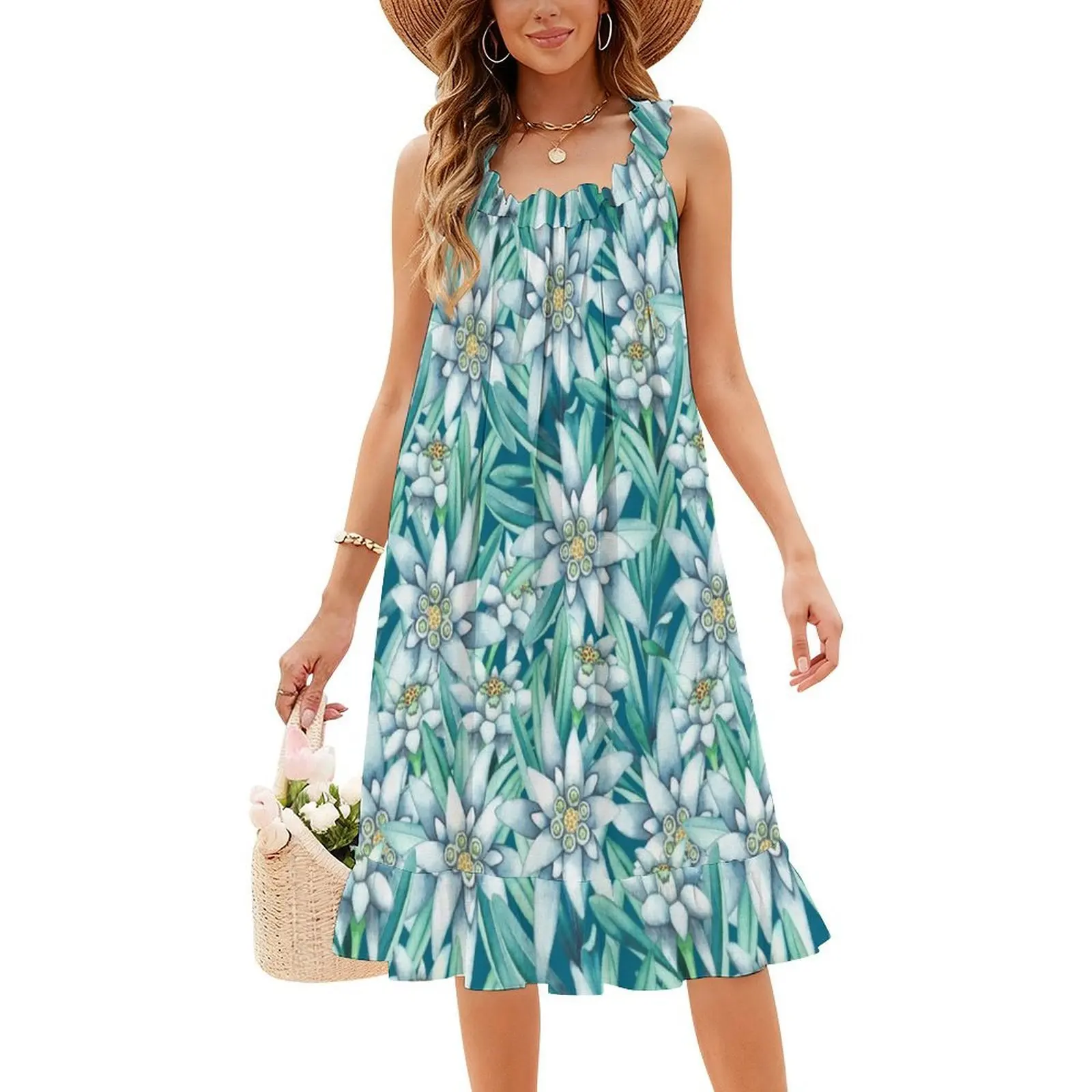 فستان إديلويس بألوان مائية على الطراز الكوري للنساء فستان كاجوال أنيق للحفلات أو الارتداء اليومي زهرة نبات إديلويس الزيتي