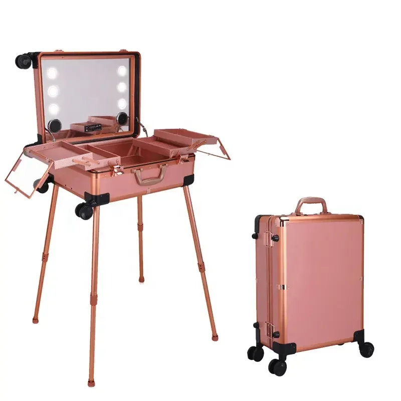 professional makeup  Rolling Trolley Makeup Train Case with Adjustable LED Lights and  audio speaker