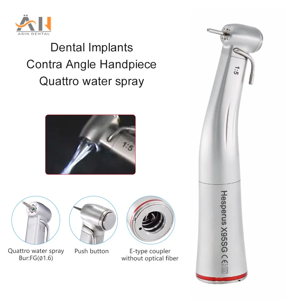 

Dental Stainless Steel 1:5 Increasing Contra Angle external Water Spray Fiber Optic Handpiece Lab Dentist Red Ring Tips