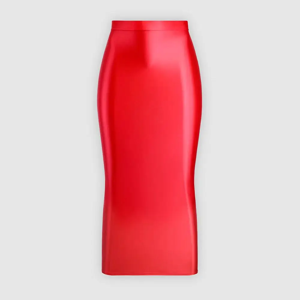 HYRAX Long Glossy Stretch Skirt Sexy One-Step Bag Hip Design Silk Smooth Thin Half Dress for Women Elegant Fashionable