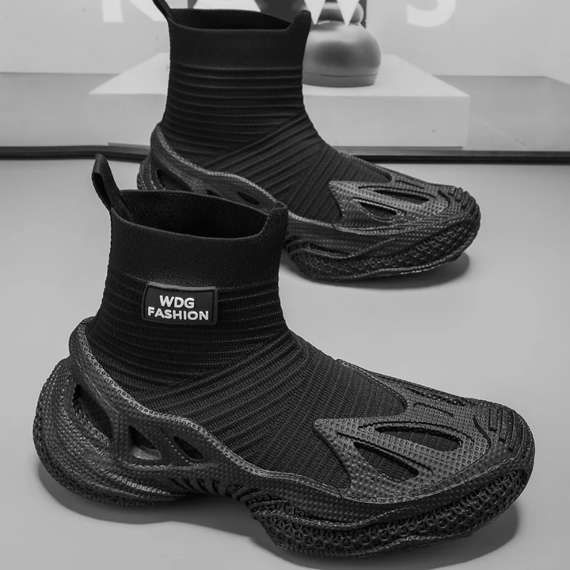 

Classic Black Men's High Top Shoes Breathable Knit Socks Shoes Man Outdoor Trendy Mecha Shoes Men Casual Boots Chaussure Hommes