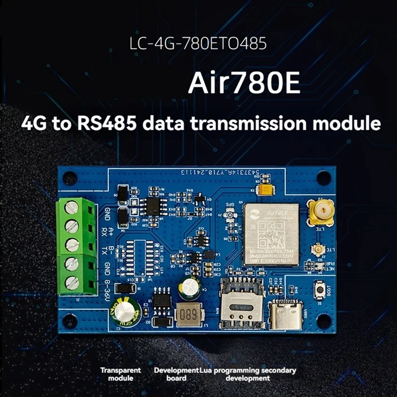 وحدة Air780e 4G إلى RS485 وحدة نقل البيانات DTU USB5V/DC8-36V تدعم البرامج الثابتة وتطوير LUATOS