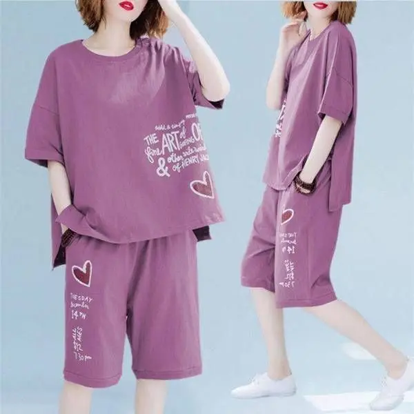 

plus Size Women's Summer Sportswear Set Casual Loose Fit Shorts plus Size Comfortable Breathable round Neck Short Sleeve Set
