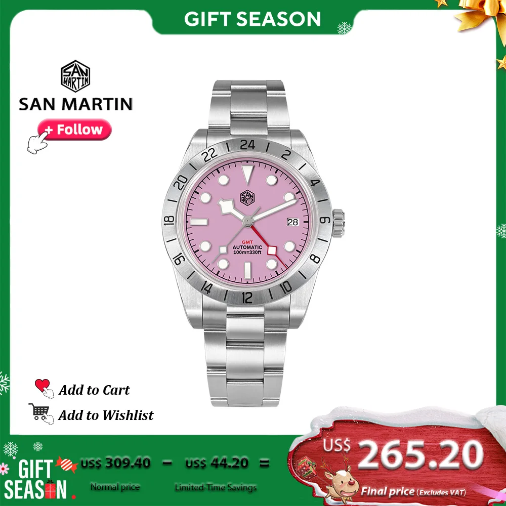 San Martin 39mm Luxury NH34 BB GMT Stainless Steel Pink Dial Wristwatch Mechanical Watches for Men Sapphire Crystal 10Bar SN0054