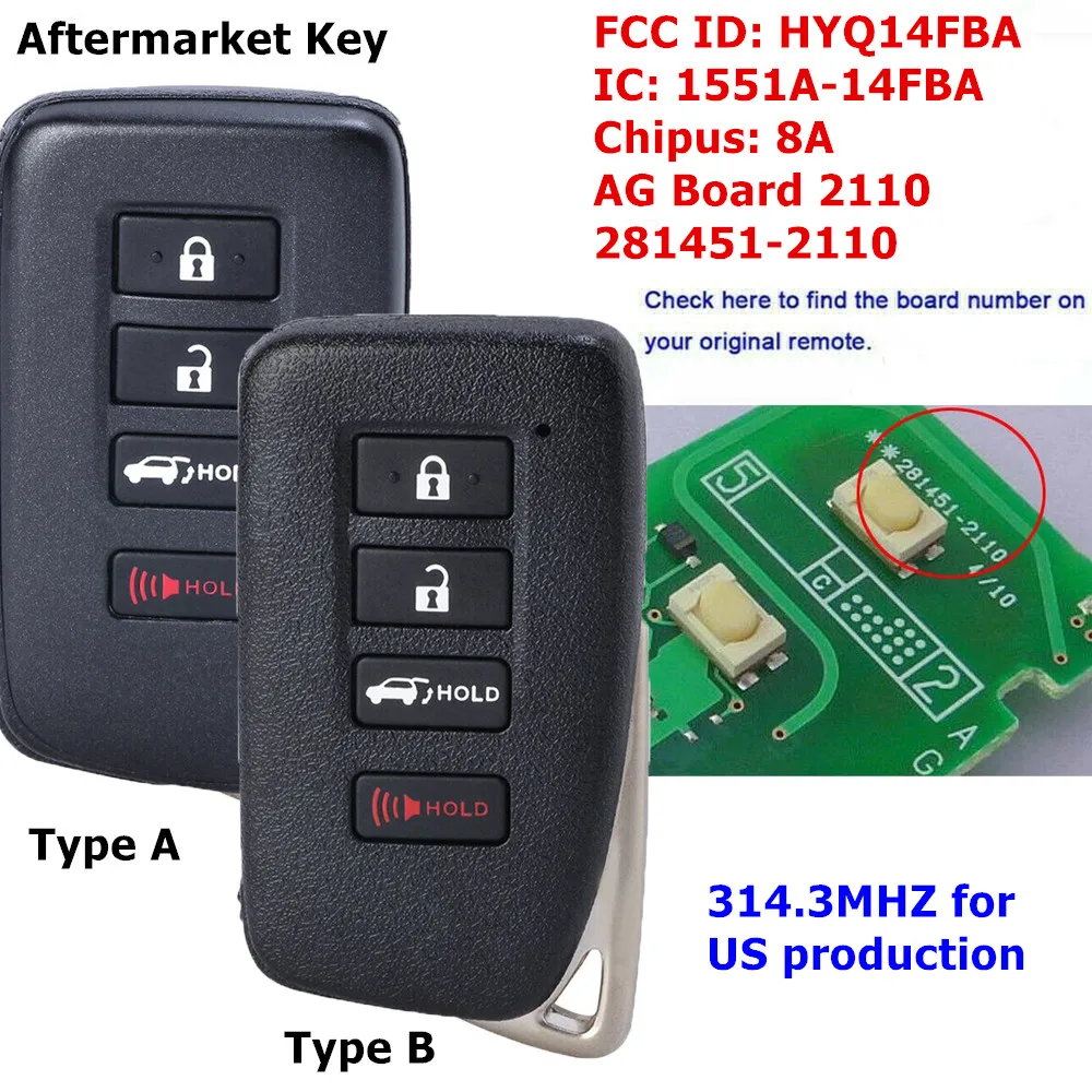 

KEYECU Replacement Smart Keyless Remote Key 314.3MHZ 8A Chip 281451-2110 AG Board for Lexus LX570 NX200t NX300 NX300h HYQ14FBA