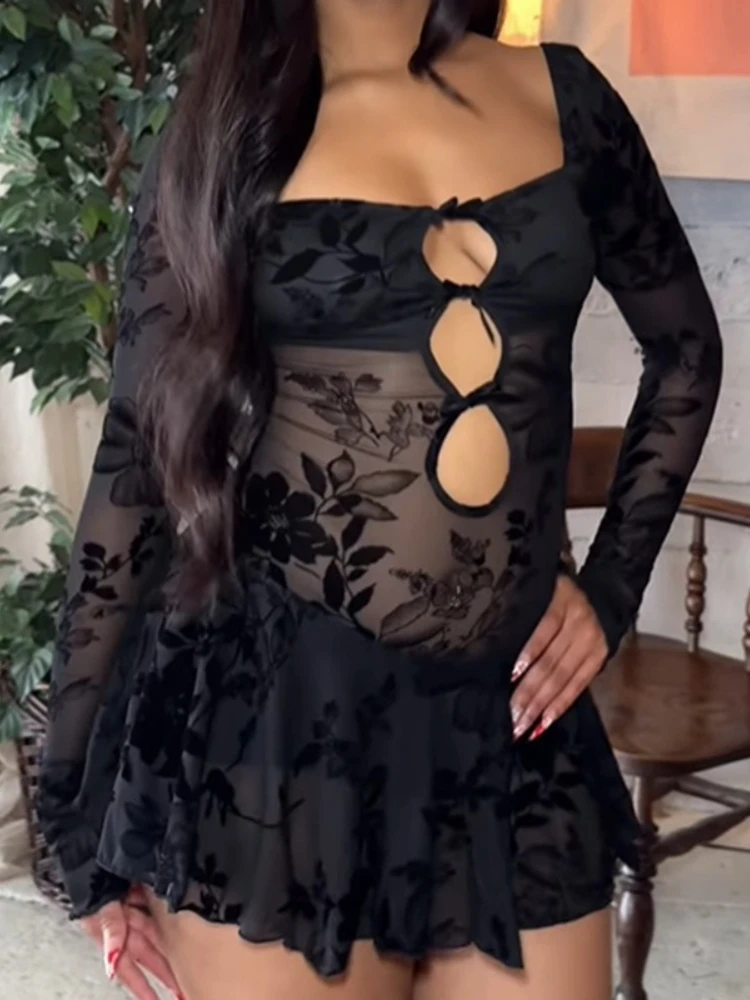 SsTss Mini abito sexy in rete trasparente Moda donna Collo quadrato Manica lunga Cut-out Stampa floreale A Line Abito da festa di mezzanotte