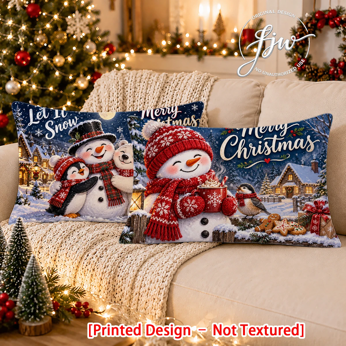 2pc Christmas Snowman Polar Penguin Throw Pillow Covers Set of 2 Winter Holiday Decor Cushion Cases