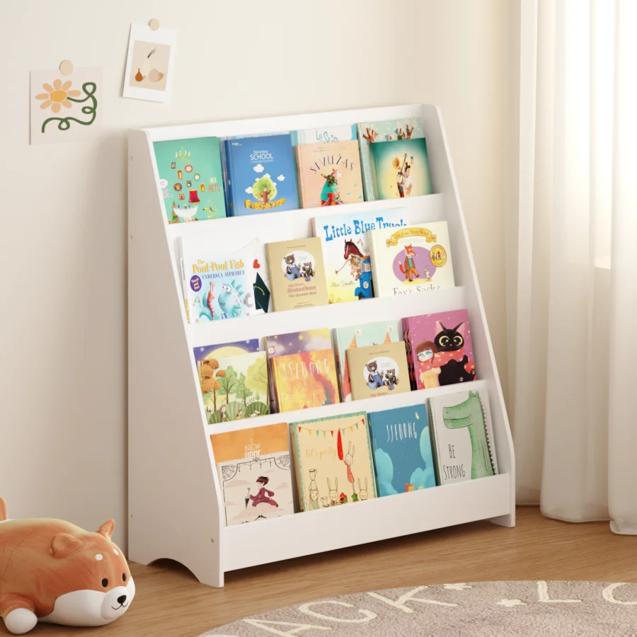 

4-Tier Bookshelf Toddler Book Display Shelves Helps Keep Bedrooms Playrooms and Classrooms Organized White