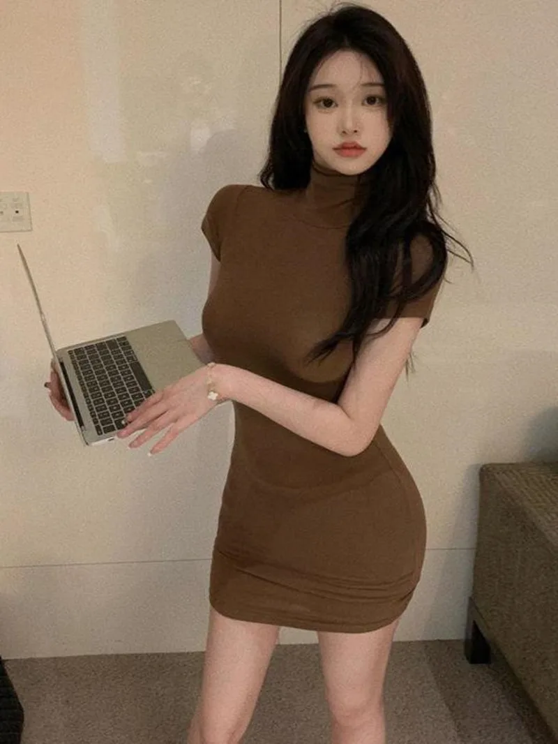 

Solid spicy girl sexy wrap arm short skirt summer small stature high neck tight fitting waist slimming temperament dress V685