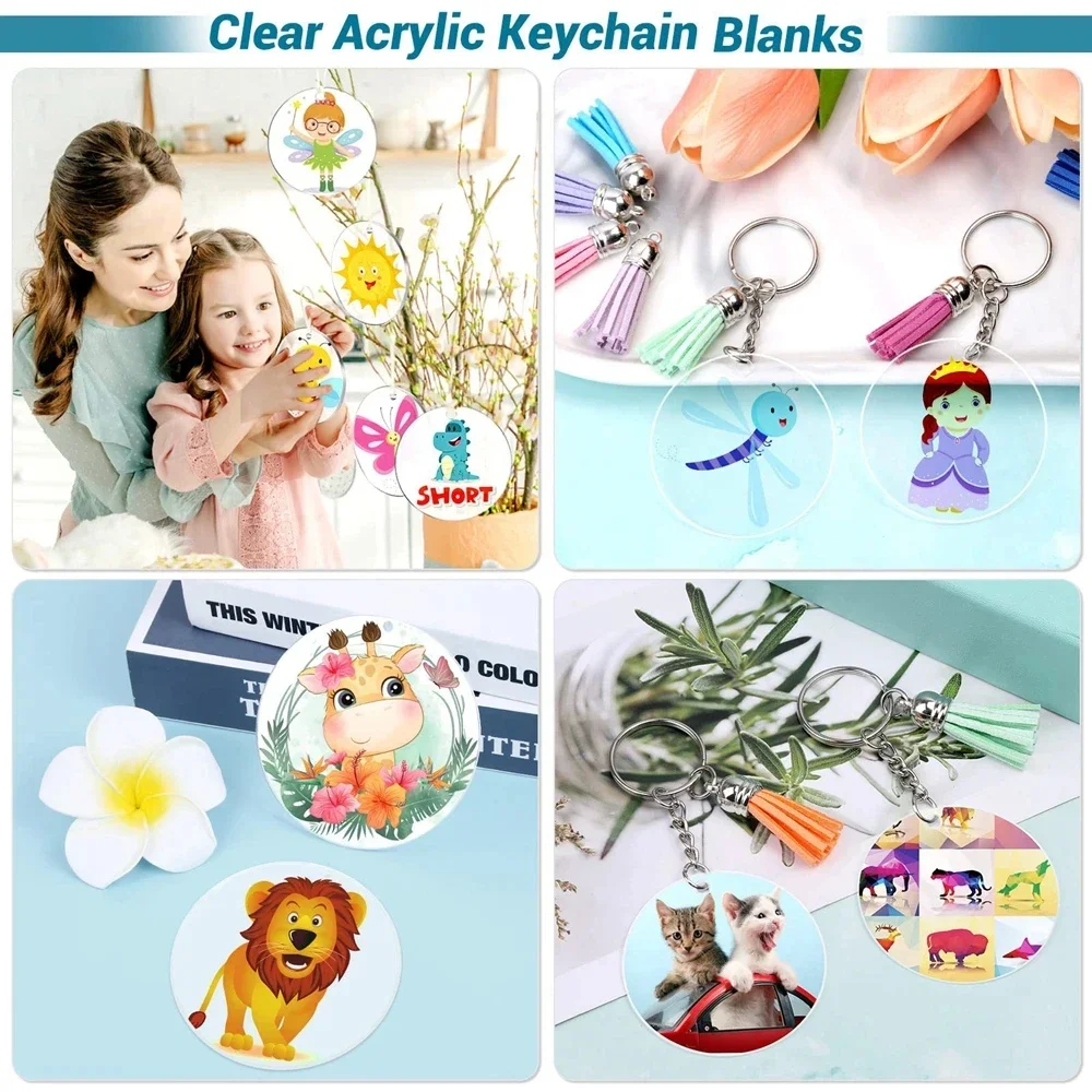 60 sets Clear Acrylic Keychain Blanks for Vinyl Acrylic Blanks Keychain Tassels Jump Rings for DIY Key chain Craft