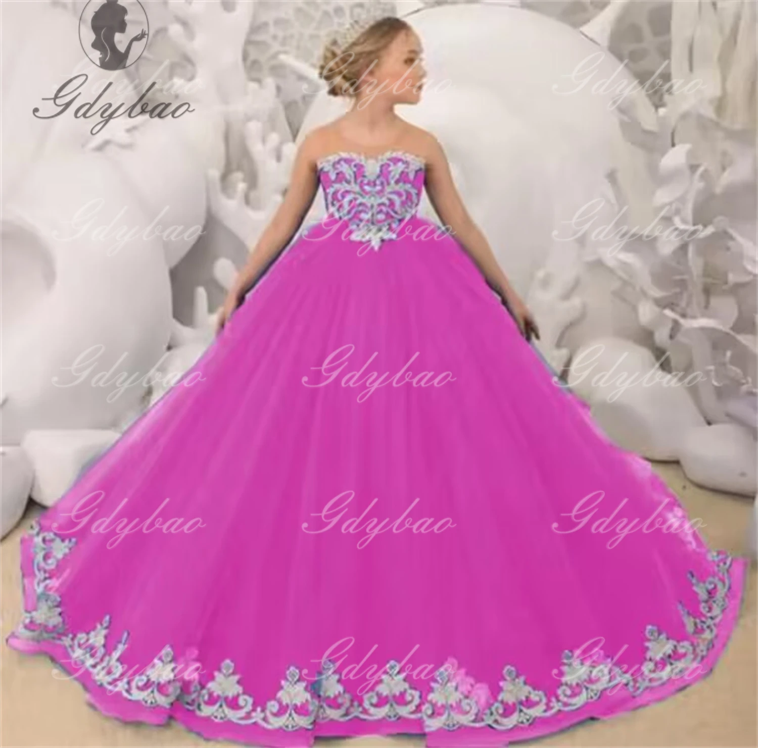 Vestidos florais de casamento para meninas, apliques brancos de tule com laço sem mangas para festa de aniversário de casamento, banquete, vestidos de princesa