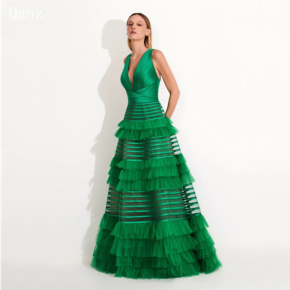 Qanz Tulle Green Prom Dresses Long A Line V Neck Tiered Ruffles Party Dresses Vestidos De Fiesta Elegantes Para Mujer Customized