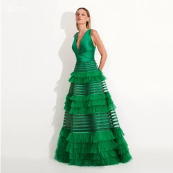 Qanz tule verde vestidos de baile longo uma linha com decote em v em camadas babados vestidos de festa elegantes para mujer personalizado