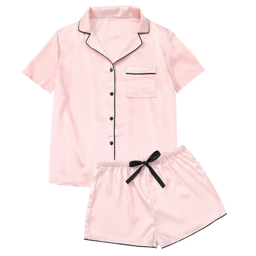 Einfarbig Basic Einfache Mode Revers Satin Eis Seide Pyjama Ärmel Kurze Zwei-Stück Set Homewear