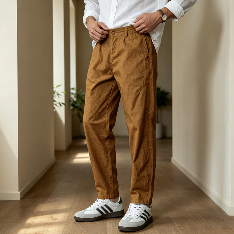 Men's Linen Pants High Waist Elastic Straight Leg Slim Fit Soft Breathable Lightweight Casual Trousers For Men Summer Daily Wear