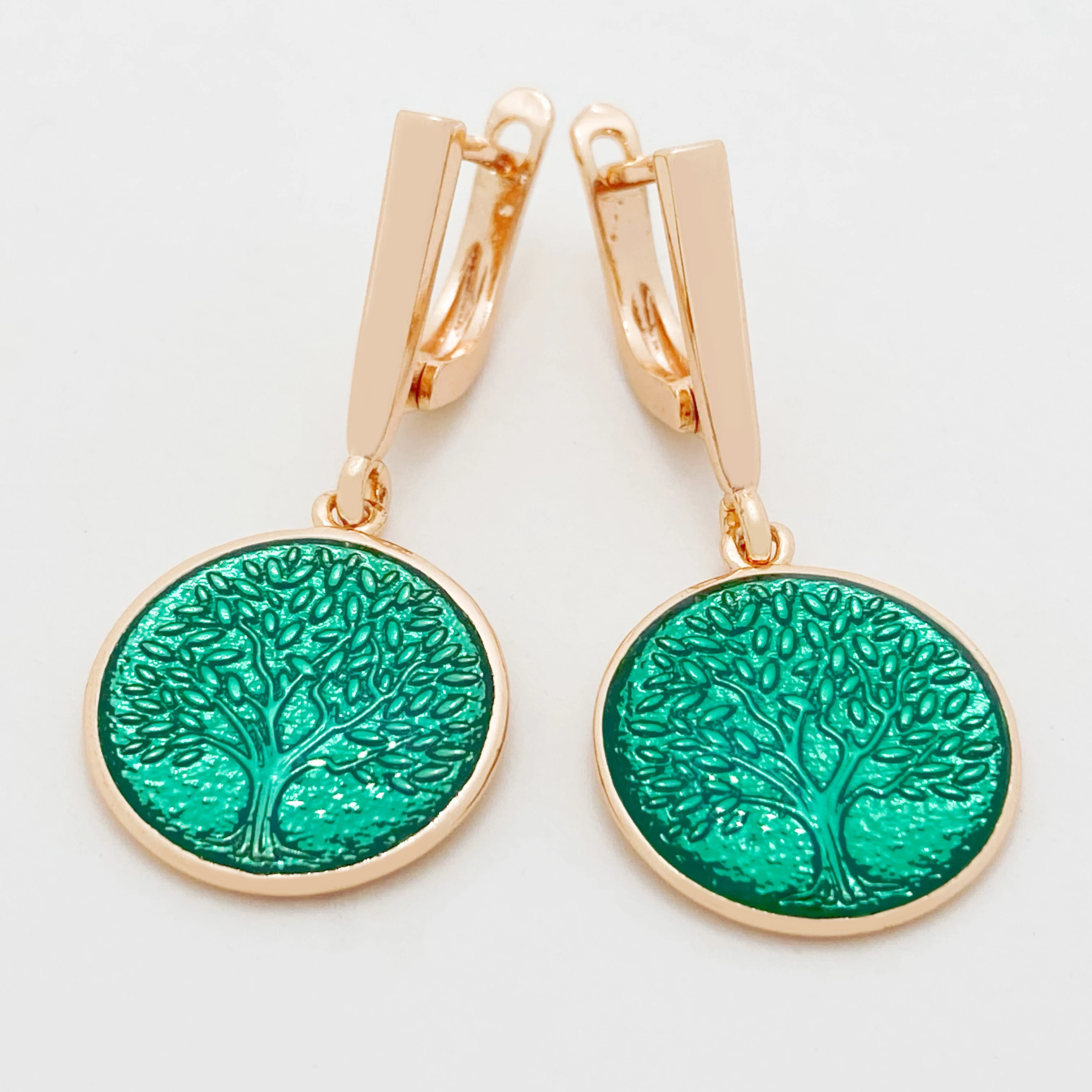 New Green Tree 585 Rose Gold Color Italy Draw Oil Painting Women Dangle Earrings Fine Exclusive Fashion Jewelry