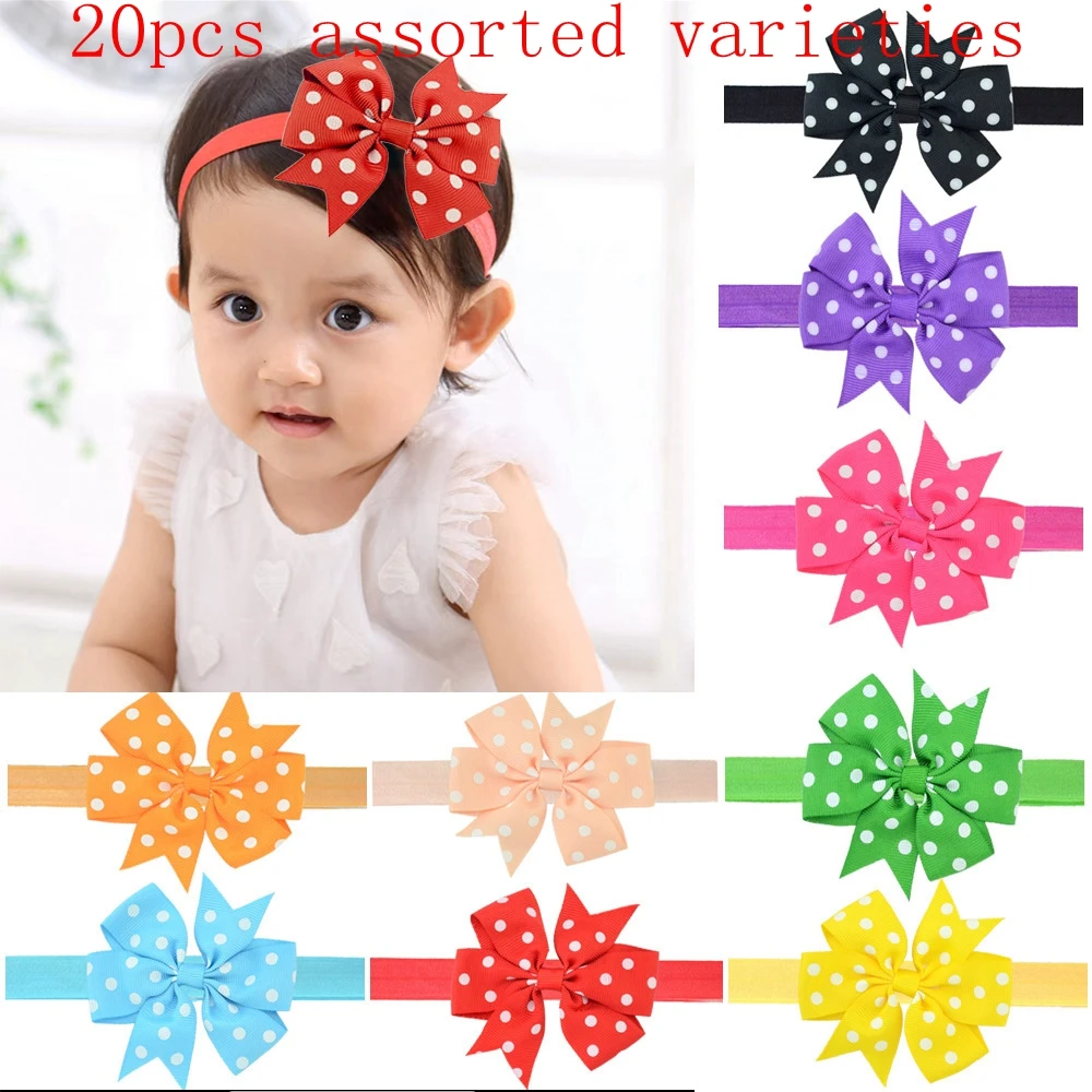 

20Pcs/lot Solid Bow Dot baby headband Kids Girls Boutique Cute hair band Sweet Print headwear Fashion Children Hair Accessories