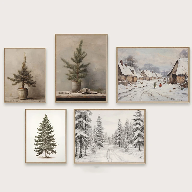 Vintage Winter Snow Scenery Pine Tree Posters and Prints Canvas Printing Wall Art Picture for Living Room Home Decoration