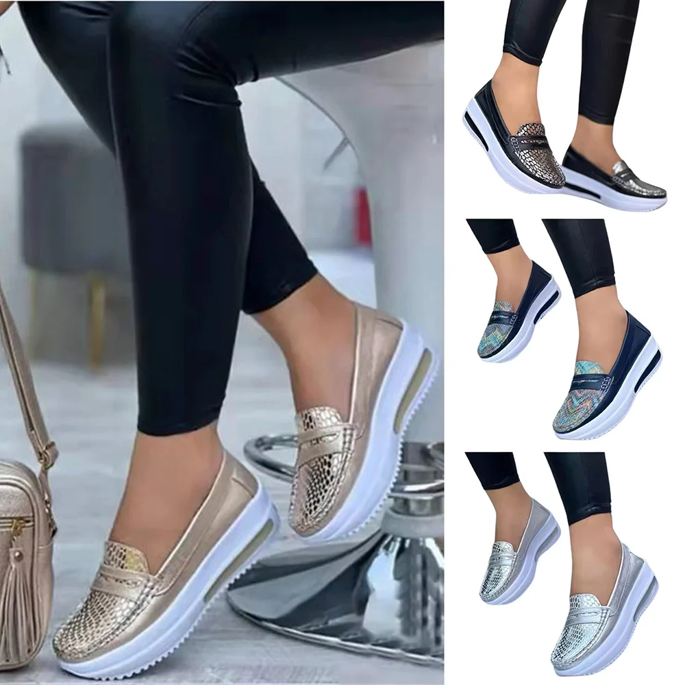 

Woman Platform Sneakers Round Toe Slip-on Shoes PU Made For Daily Casual Loafers 2023 New Sport Shoes Fashion Ladies Leisure