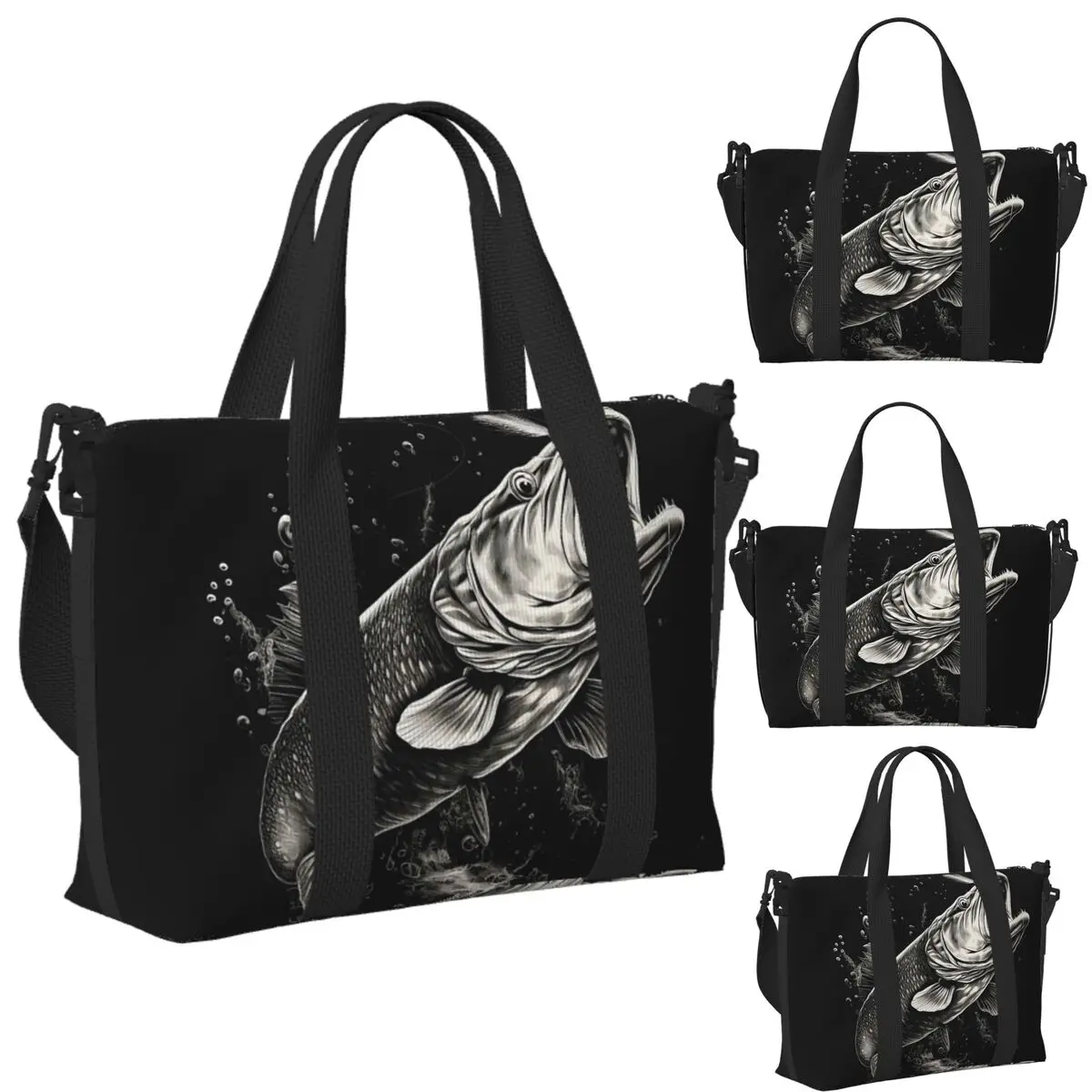 

Custom Fishing Lover Pike Fish Design Beach Travel Bag Large Capacity Tote Bags for Gym Yoga Women Shopping Duffle Shoulder Bag