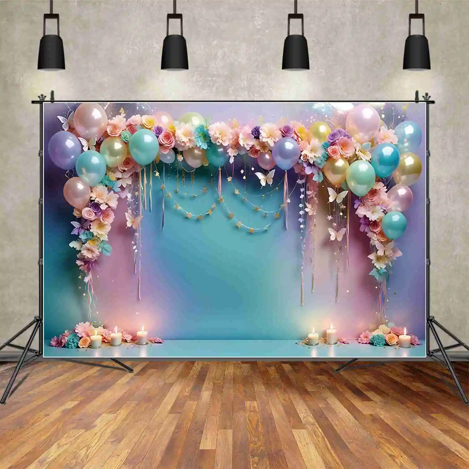 MOON.QG Balloons Flower Frame Birthday 1 Year Backdrops Baby Butterfly Candle Star Backgrounds Custom Party Photocall Supplies