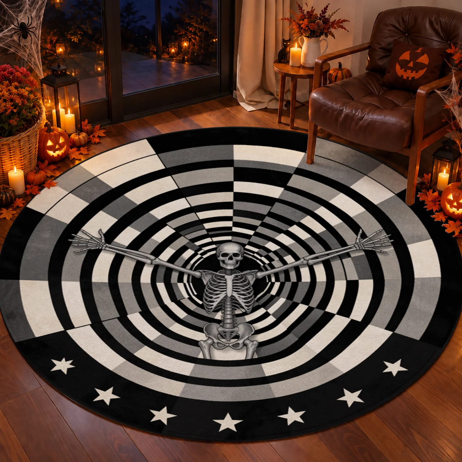 Skeleton Spiral Star Design Round Rug Velvet Machine Washable Living Room Bedroom Foyer Halloween Thanksgiving Christmas Black Friday Cyber Monday