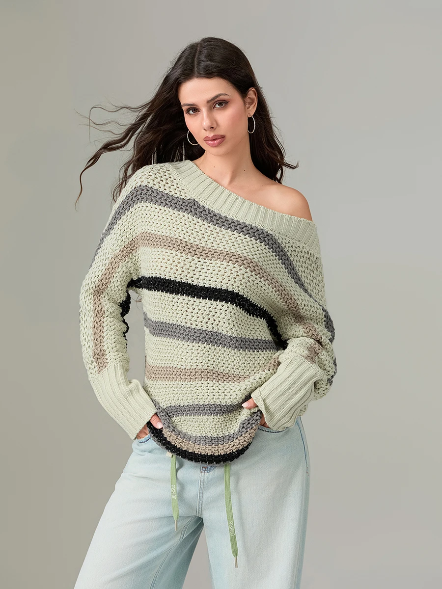 wsevypo Off-One-Shoulder Loose Sweater Women's Autumn Stripe Long Bat Sleeve Boat Neck Pullovers Casual Fashion Knitwears