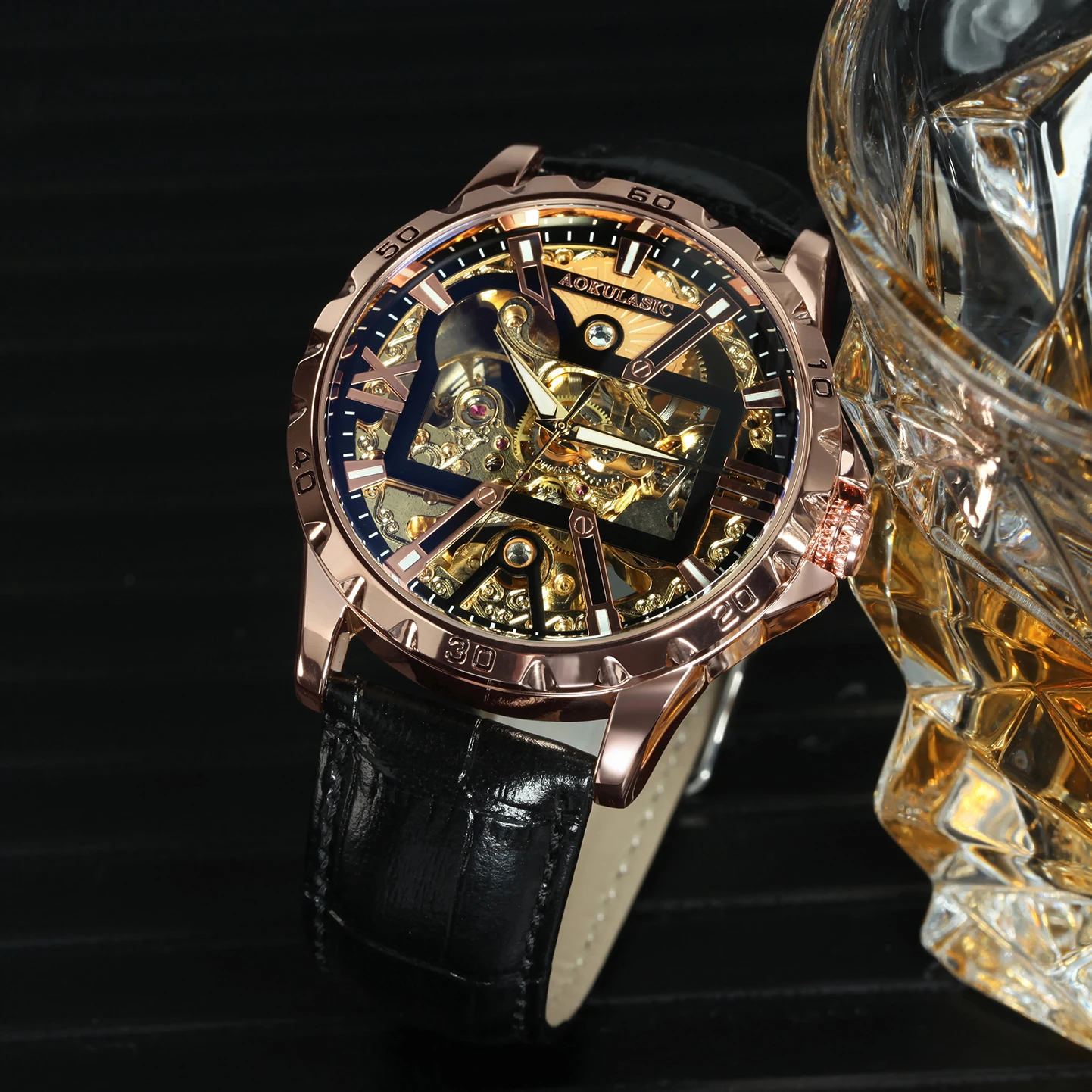 Reloj de Lujo AOKULASIC con Esqueleto para Hombre, Manecillas Luminosas, Correa de Cuero y Acero, Relojes Mecánicos Automáticos de Moda para Negocios, Regalos