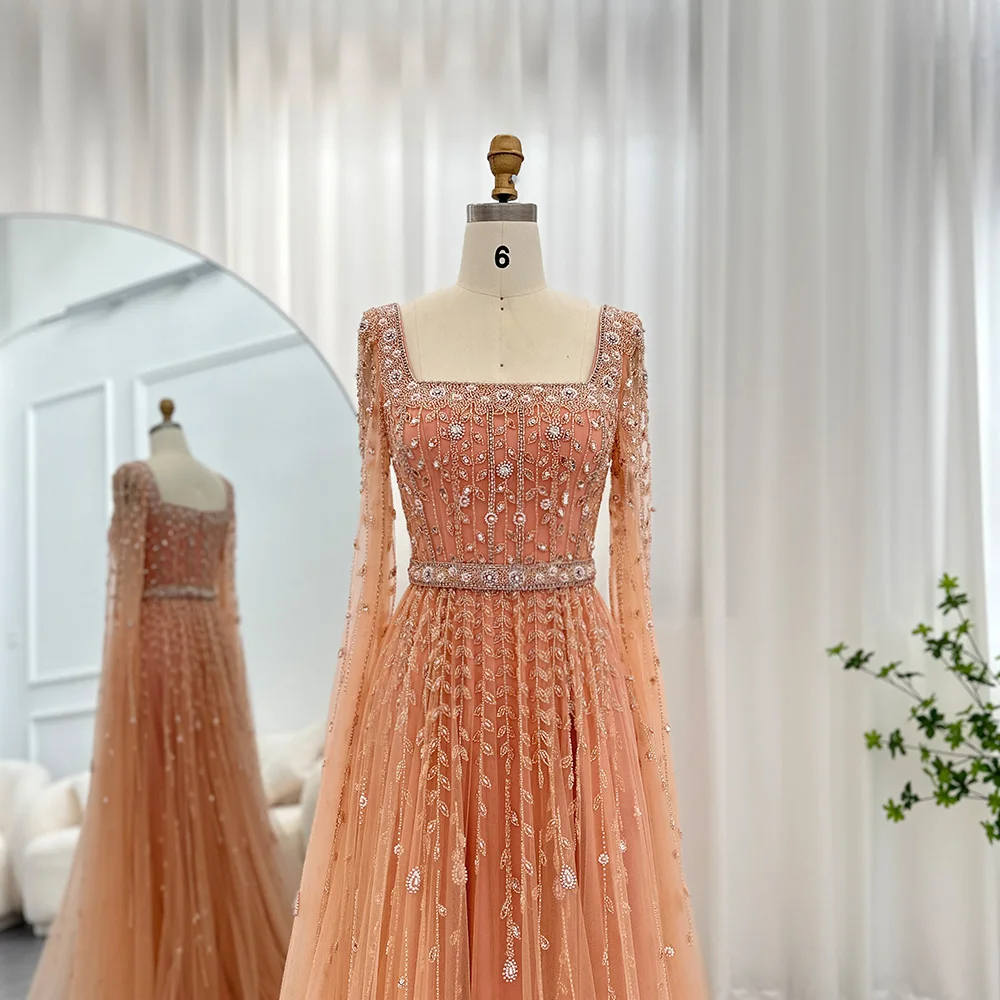 Sharon Said Luxury Pink Dubai Evening Dress for Women Wedding Square Neck Cap Sleeves Muslim Formal Party Gowns SS494 Customized