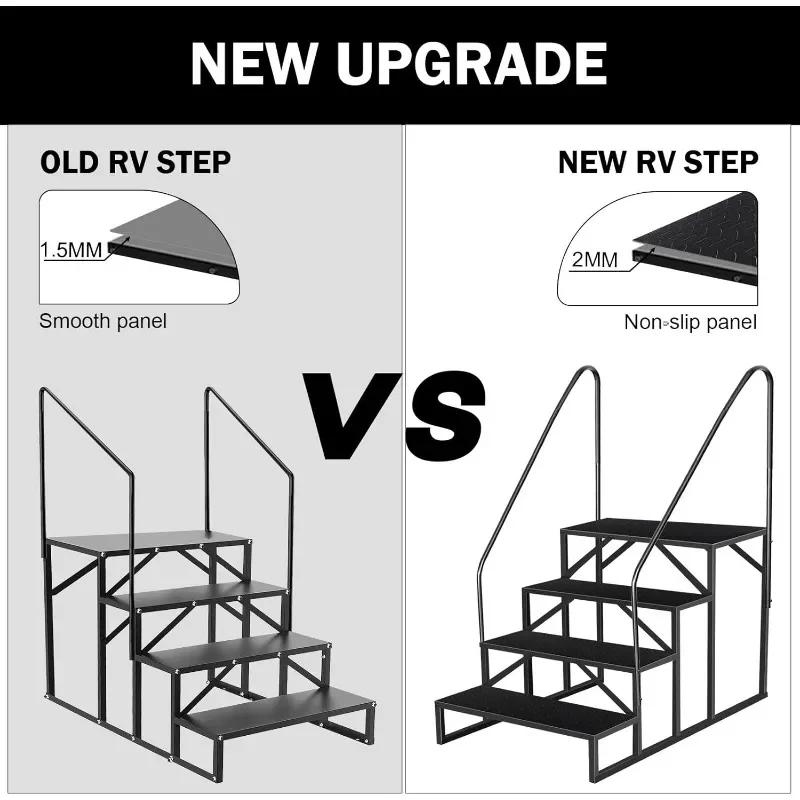 RV Steps with Handrails, 4 Step RV Stairs 660 lbs Load Capacity, Step Ladder with Anti-Slip Panel, Mobile Home Stairs