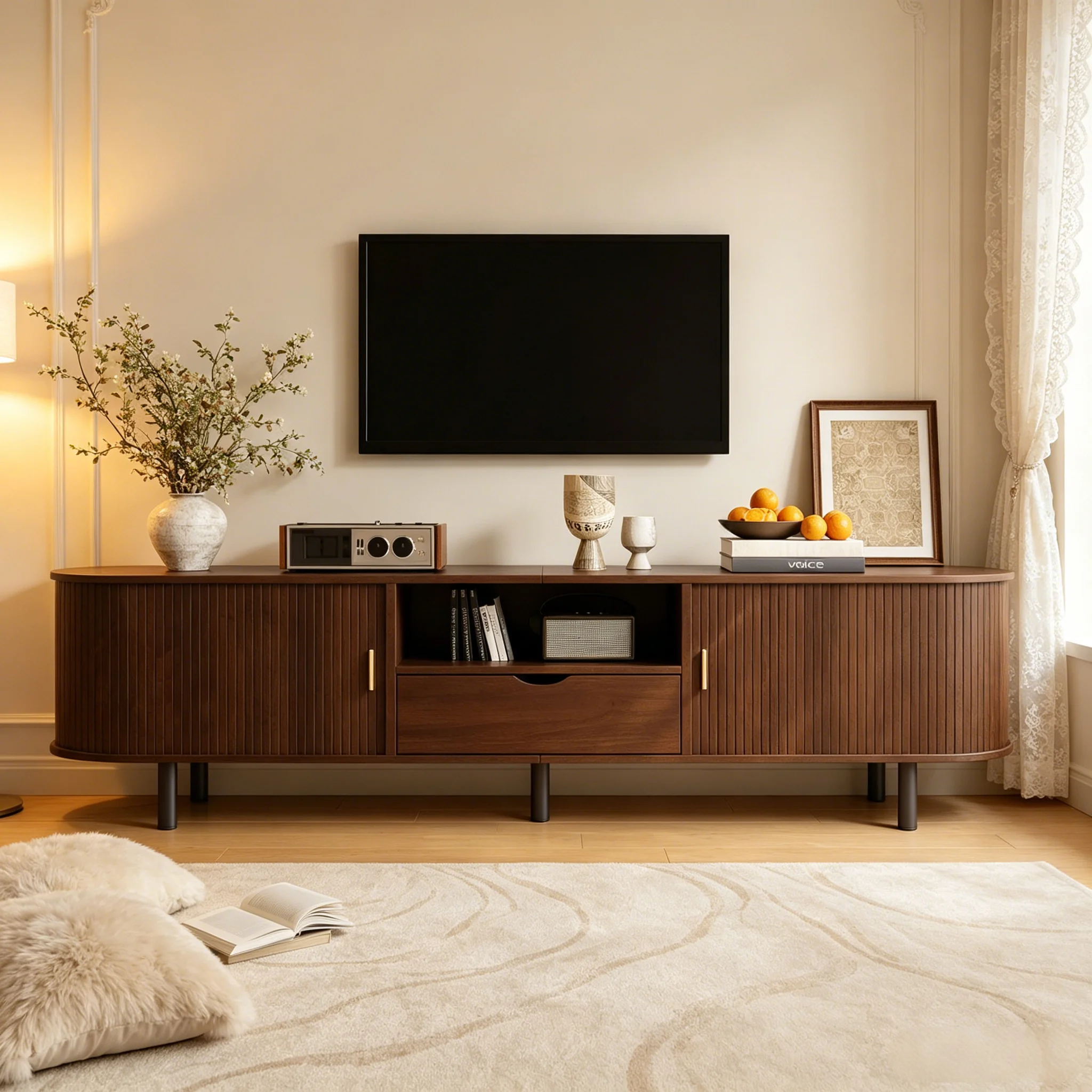 Meuble TV moderne avec design incurvé et porte à roulettes, centre de divertissement en MDF avec tiroir et étagères ouvertes, capacité de charge jusqu'à 50 kg, gestion des câbles, finition noyer pour salon