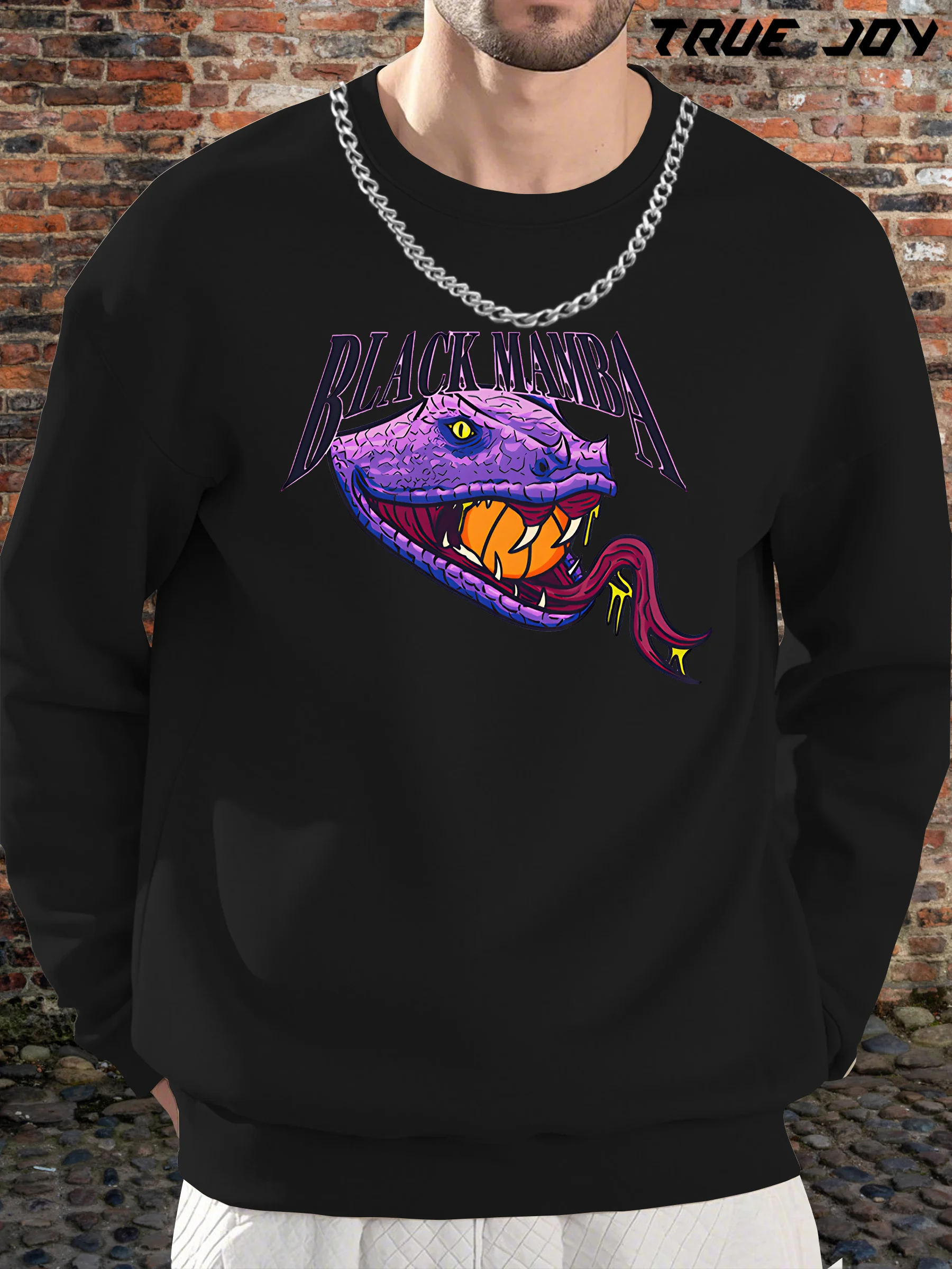 Stylish Sportswear: Black Mamba Snake Print Men's Versatile Long-Sleeve Crewneck Sweatshirt, Perfect for Spring