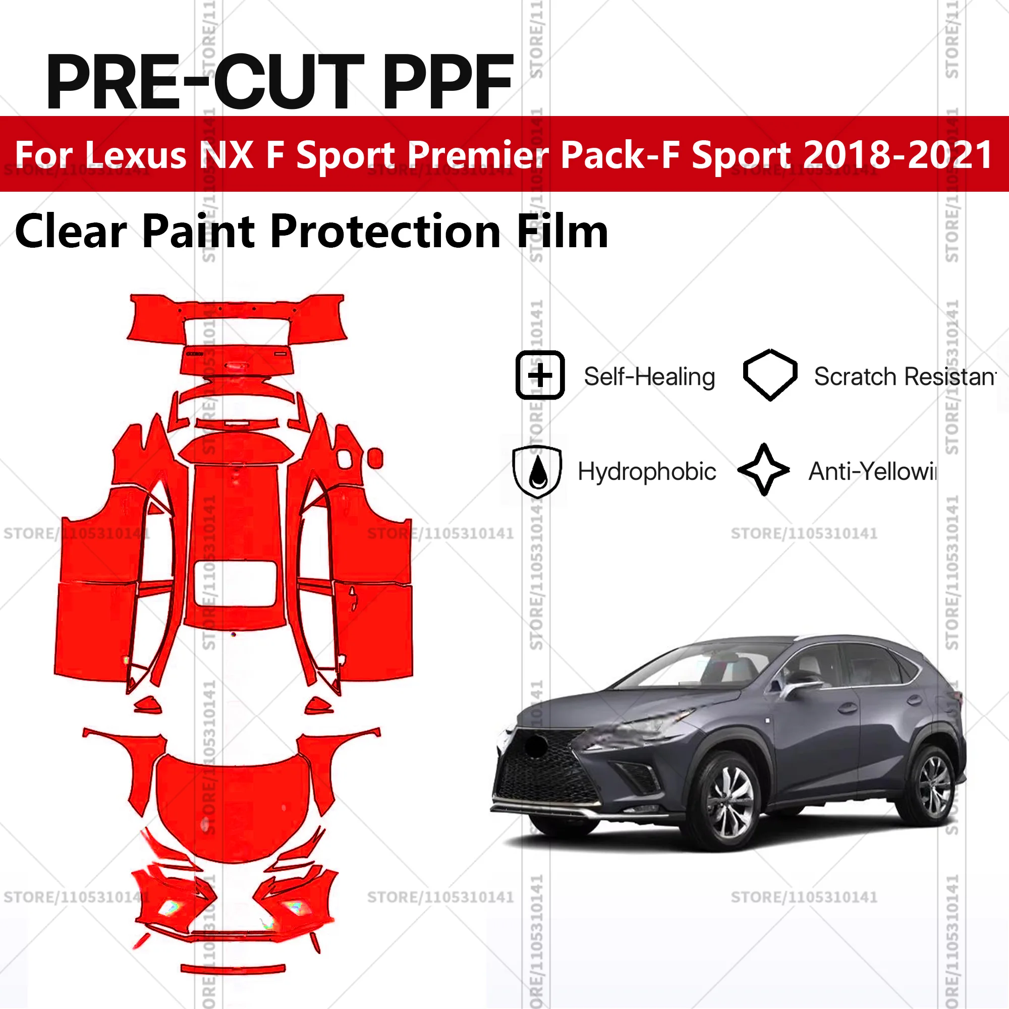 

Для Lexus NX F Sport Premier Pack-F Sport 2018-2021: Предварительно вырезанная прозрачная защитная пленка PPF для автомобиля