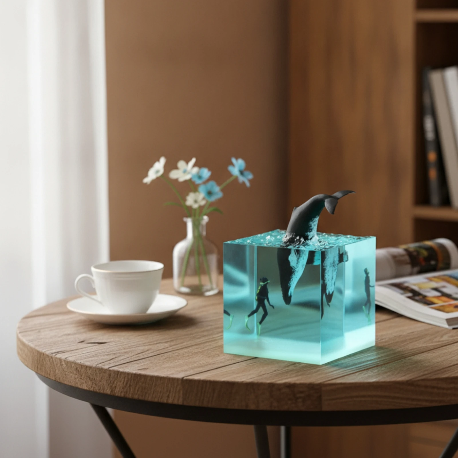 Resin Cube with Diver Glowing Resin Ornament with Cetacean Cetacean Ornament Tabletop Underwater Decoration Compact for Divers view 6