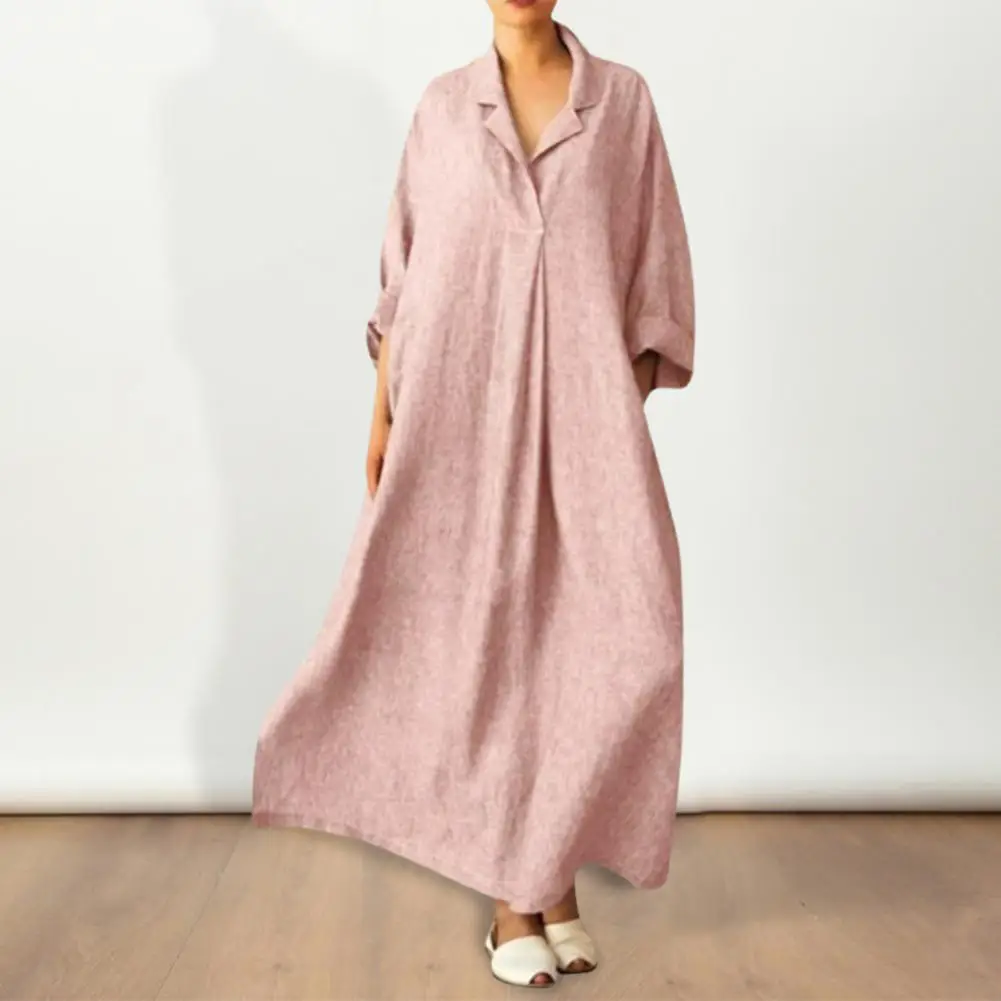 Women Long Sleeve Dress Elegant Women's Maxi Dress with Long Sleeves V Neck Side Pockets for Wear Special Occasions Lapel Collar