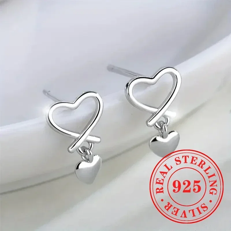 Huitan الطازجة الخلود مزدوجة الحب القلب إسقاط أقراط 925 فضة بسيطة اليومية غرامة مجوهرات فضية اللون الأذن الملحقات #4