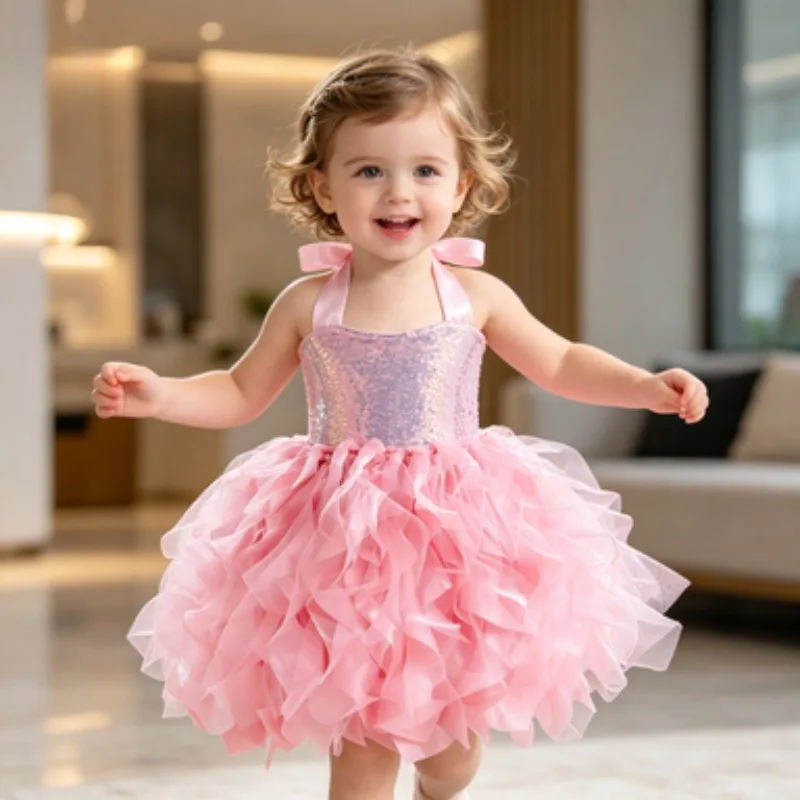 Girls' Double-Layer Ruffled Spiral Tulle Tutu Dress, New Year Party Outfit, Princess-Style Gown for Children's Day & Christmas