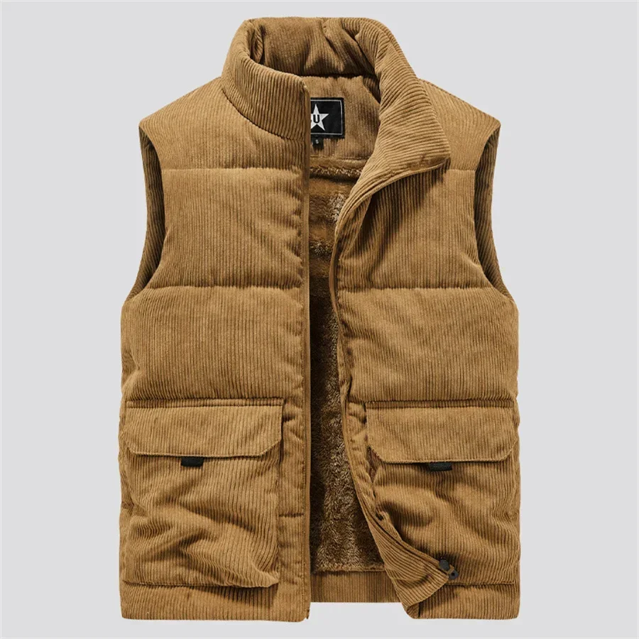 Winter Wool Vest Men Cotton Padded Warm Jacket Sleeveless Coat Stand Collar Waistcoat Corduroy Outerwear Men's Clothing Oversize